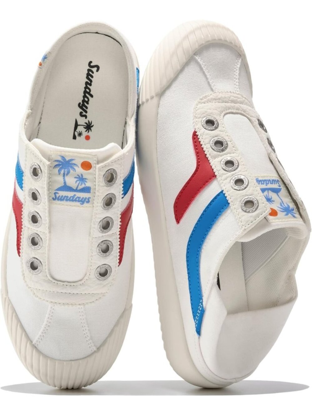 Womens White Blue Memory Foam Insole Non-Slip Backless Mule Canvas Sneaker Shoes